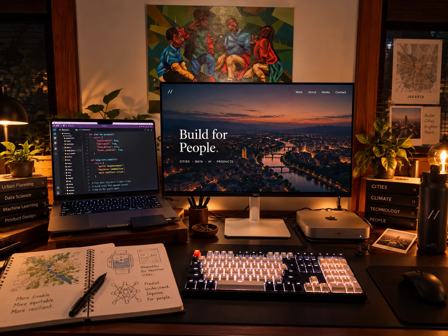 Travis's desk at night: a laptop on the left, a monitor in the middle, a Mac mini on the right, a mechanical keyboard, and an open notebook, under a painting.